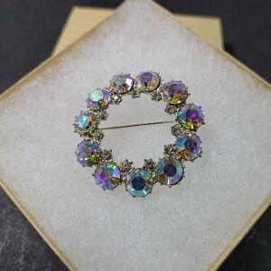 Vintage Aurora Borealis Rhinestone Crystal Brooch Pin Silver Tone
